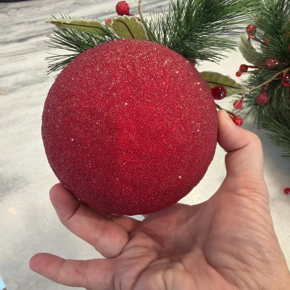 Set Of 5 Large Red Sparkle Christmas Balls With Pine And Cranberries